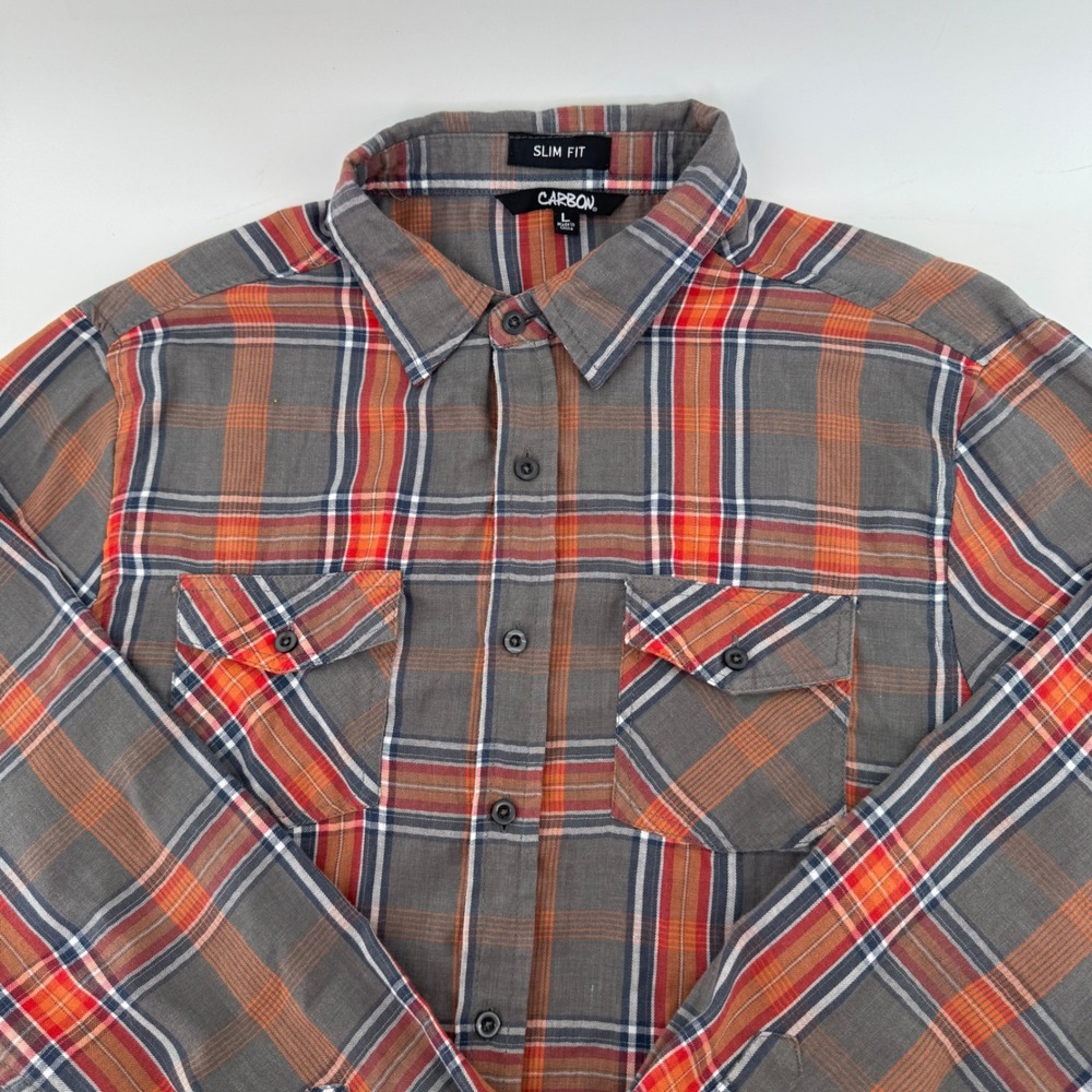 Carbon Mens Slim Fit Plaid Button Down Shirt Gray Orange Red Large RN 70829 - Picture 2 of 9